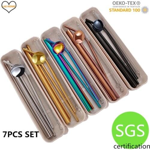304 stainless steel drinking straw 7PCS set Straight Bent Cleaning Brush Stirring Spoon with storage box Metal Reusable Straws