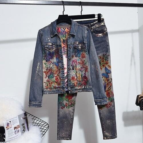 Two Piece Set Wome Fashion Printed Denim Jacket + Elasticity Jeans Ladies 2 Piece Set Women Skinny Pants Sets Jeans Suits