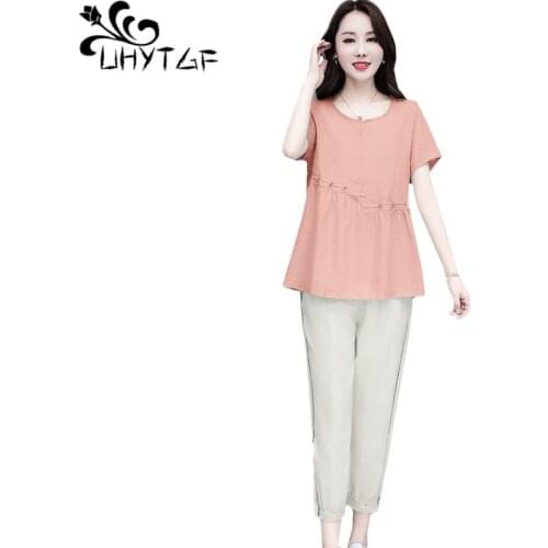 UHYTGF Womens Summer Suit Solid Cotton Linen Casual 3XL Plus Size Two-Piece Set Female O Neck Short Sleeves Thin Tracksuit 2130