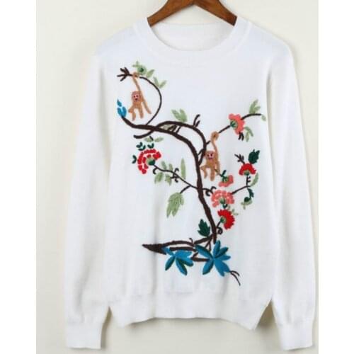 Women Sweaters And Pullovers Autumn Winter Long Sleeve Tree Monkey Embroiery Patterns White Color Women Casual Knitting Sweater