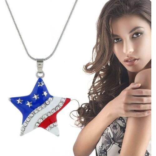 Women Necklace With American Flag Patriotic Independence Day Pendant Gifts For Girls New Fashion Five-pointed Star Design Unisex