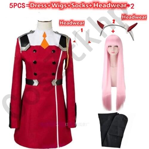 5pcs 02 Zero Two Cosplay Costume DARLING in the FRANXX Cosplay DFXX Women Costume Full Sets Dress Headwear wig women shoes socks