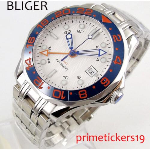 BLIGER sapphire glass mental strap 41mm 24 hours GMT date white dial automatic movement men watch
