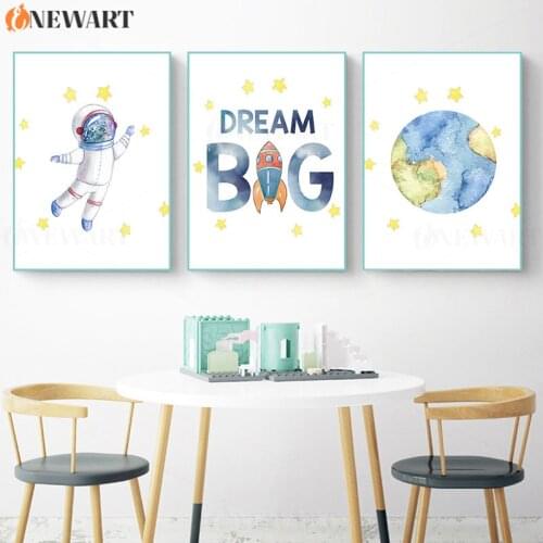 Dream Big Wall Poster Baby Nursery Decoration Cartoon Astronaut Earth Prints Kids Bedroom Decorative Art Nodic Decor Picture