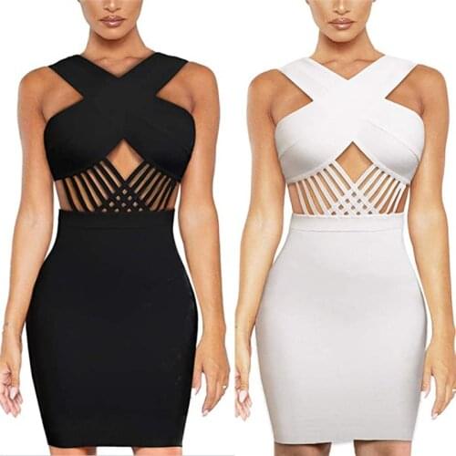 Black White Sleeveless Striped Criss-Cross Hollow out Rayon Bandage Dress Chic Women Dress Night Party Dress
