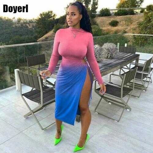 Elegant Midi Bodycon Dress Women Long Sleeve Tie Dye Print Side Split Autumn Sexy Dresses Party Night Club Dress 2021 Vestidos