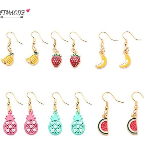 FIMAODZ Cartoon Fruit Dangle Earring Strawberry Banana Pineapple Watermelon Cherry Cute Earrings for Women Girls Fashion Jewelry
