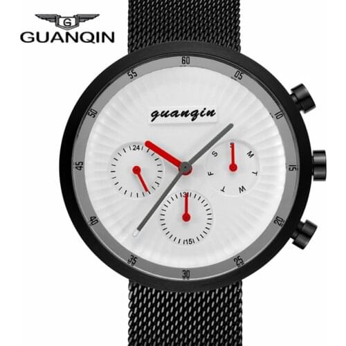 GUANQIN New Creative Men Watches Stainless Steel Mesh Strap Quartz Sport Watch Men Fashion Wristwatch Relogio Masculino