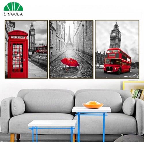 Art Print Nordic Black White Wall Art Pictures Home Decoration London Red Bus Telephone Booth Paris Umbrella Poster Wall Decor