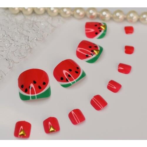 24pcs Artificial Toenails False Design Water Melon Pattern Toe Fake Nails Set Press On Full Cover Gel Feet Nails Tips Short