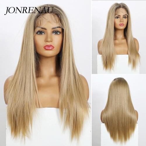 JONRENAU Synthetic Long Straight Lace Front Wig for White/Black Women Natural Hair Line Ombre Brown Color Wig