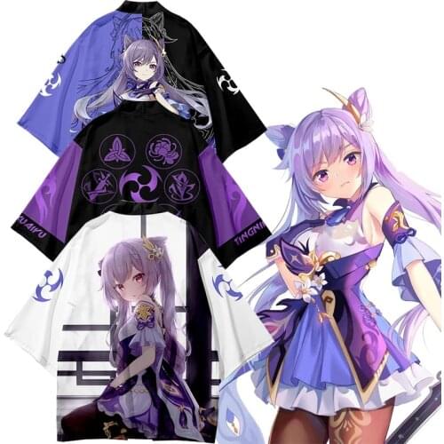 Game Genshin Impact Kimono Chiffon Coat Costume Keqing Cosplay Cloak For Unisex Fashion Suit