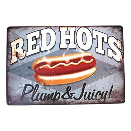 Red Hots Plump And Juicy Tin Sign, Business Sign, Food Sign, Restaurant Sign, Hot Dog Sign, Concession Stand Sign