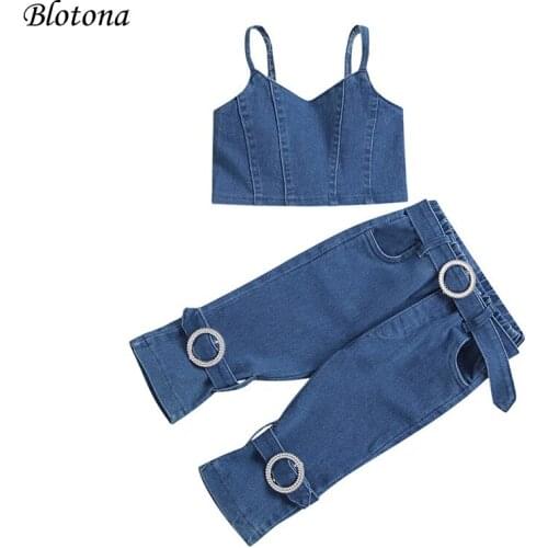 Blotona 2Pcs Infant Summer Outfits, Baby Girl Solid Color Denim Spaghetti Strap V-neck Tank Top+Jeans with Movable Buckle Pocket