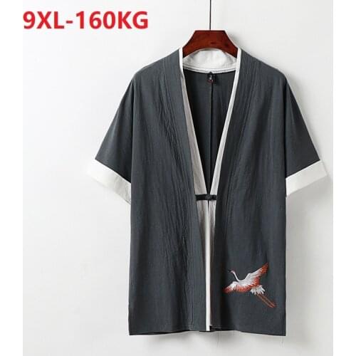 Summer men shirt linen cotton Chinese style plus size 7XL 8XL 9XL personality tang suit homewear patchwork vintage shirt 72 gray