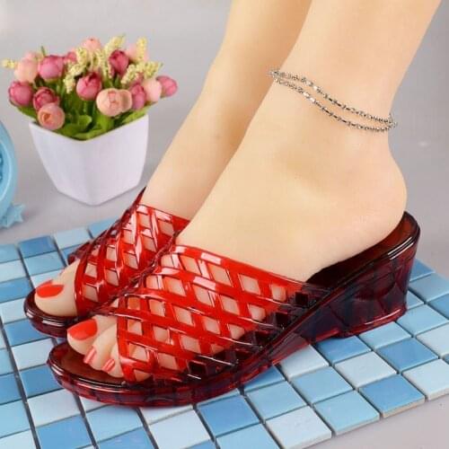 Fashion simple crystal jelly transparent plastic slippers female wedge with bathroom thick bottom outdoor half slippers
