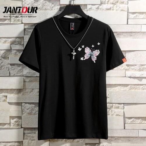 2021 Summer New Tide Brand Embroidered Short-Sleeved T-Shirt Male Butterfly Ethnic Style Loose Size Cotton Half-Sleeved Shirt