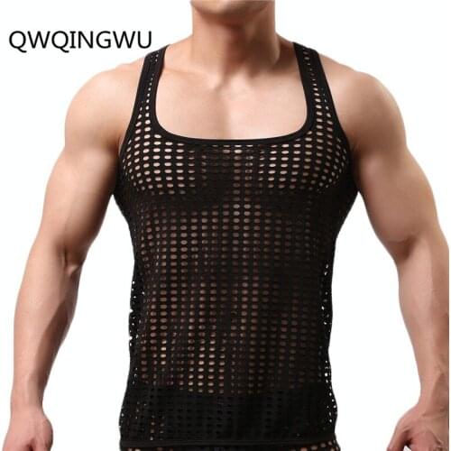 Mens Underwear Tight Vest Undershirt Sleeveless Hollow Out Breathable See Through Shirt Elastic Muscle T-shirt Undershirts