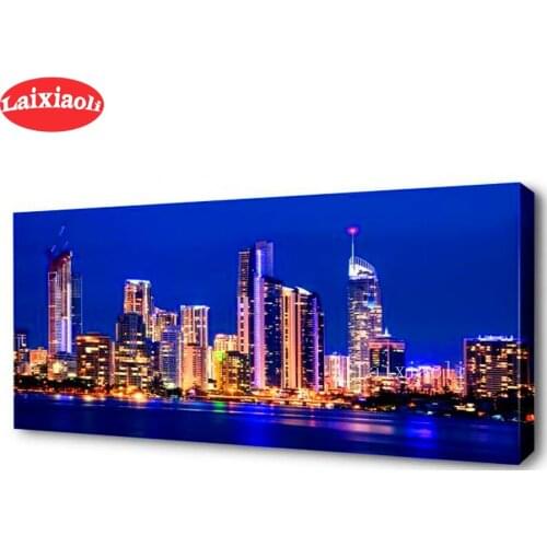 Full square round diamond painting diamond embroidery blue city night landscape 5D rhinestone mosaic diamond inlaid long decor