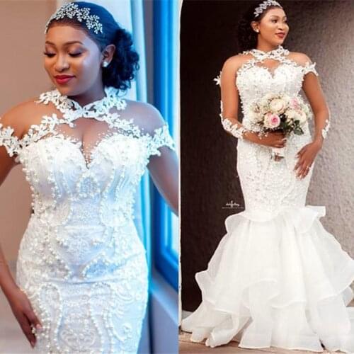 Luxurious 2021 Plus Size Arabic Aso Ebi Lace Pearls Mermaid Wedding Dress Sheer Neck Long Sleeves Sexy Bridal Gowns Dresses