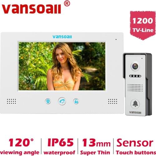 VANSOALL Video Intercom Doorphone System with 4 Wired 7 Inch HD Monitor and Waterproof Color Doorbell Support Unlock for Home