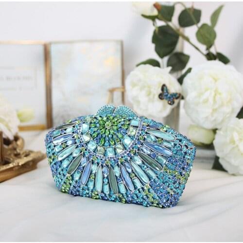 XIYUAN Shiny Bling Gold Blue Crystal Women Evening Bags Wedding Party Bridal Diamond Floral Clutch Bags Handbag Clutches Purse
