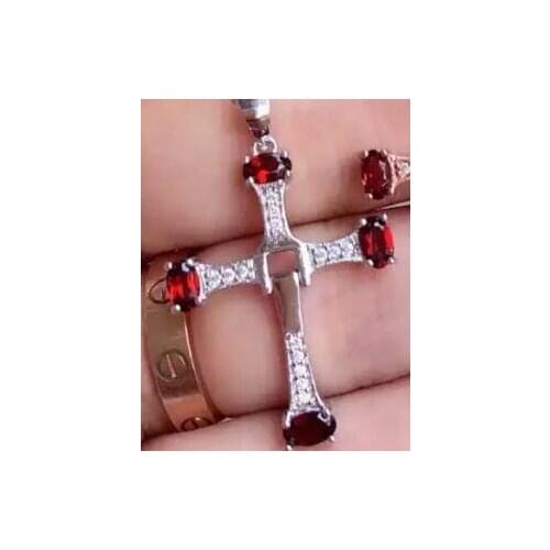 Natural red garnet pendant S925 silver Natural gemstone Pendant Necklace trendy Elegant lovely cross women girl party jewelry