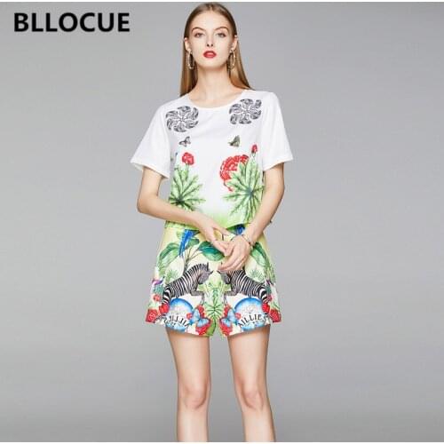 BLLOCUE Fashion Runway Zebra Animal Flower Print Two Piece Summer Women Short Sleeve T-Shirt Top + Wide Leg Shorts Set