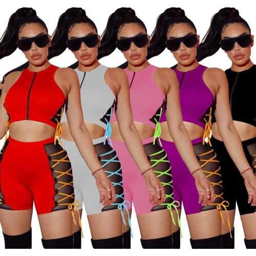 Womens Tracksuit Mesh Sheer 2 Two Piece Matching Set Women Clothes Zipper Up Sleeveless Crop Top Lace Up Drawstring Biker Short
