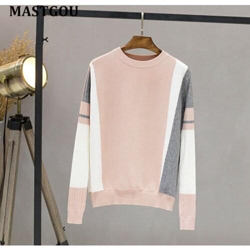 MASTGOU Color Block Spring Autumn Sweater Women Pullovers Sweaters Top Elasticity Soft Female Jumper Fashion OL Style Knitwear