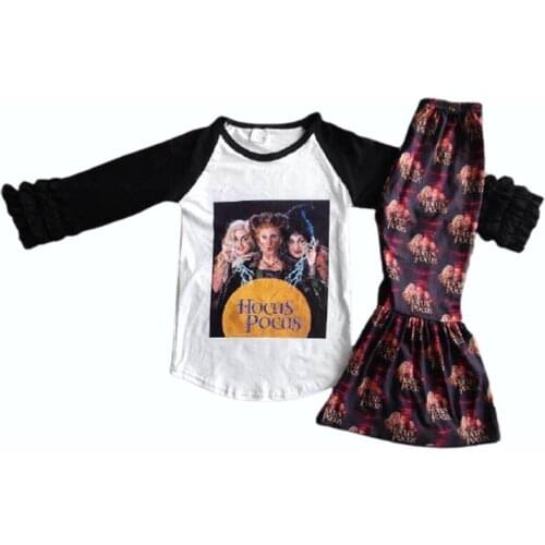 Autumn and winter hot selling clothing 2 sets children 2 sets black raglan sleeve top with printed bell bottoms set