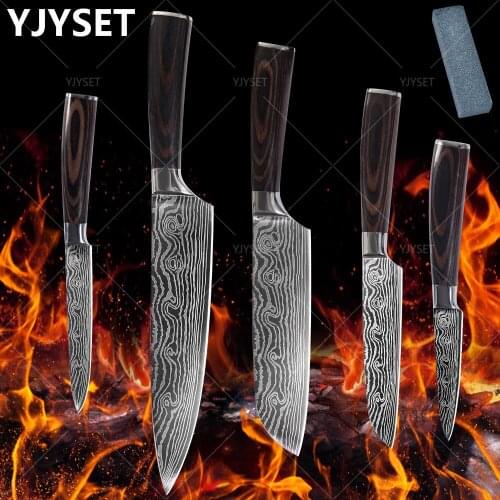 8'' inch Chef Knife Japanese Stainless Steel Sanding Laser Pattern Knives Professional Sharp Blade 1-5 Pcs Knife Cooking Tool