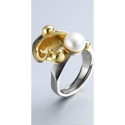 925 pure silver with natural pearl ring The European and American wind jewelry Thai silver electric black process