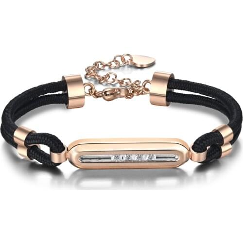 2021 Jewelry Design Stainless Steel Rose Gold Color Black 2 Layer Rope Sliding Stone 30mm Bar Charm Bracelet for Lady Adjustable