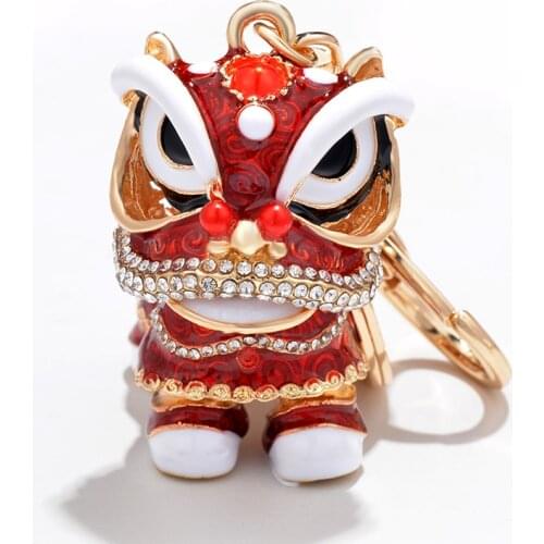 Chinese Festival Crystal Rotatable Lion Dance Men Car Keychain Lucky Elephant Key Chain Ring Women Bags Holder Charm