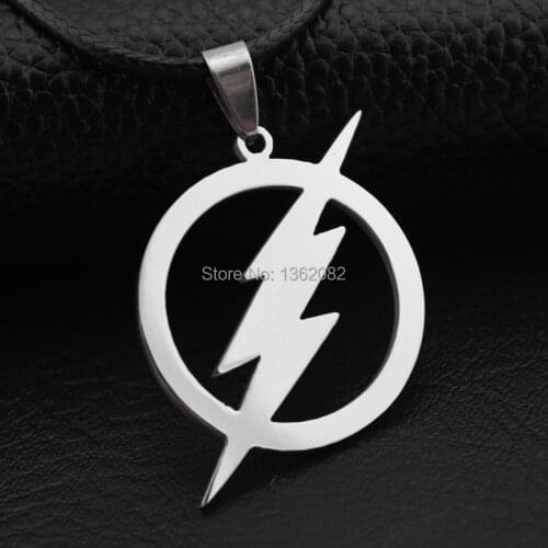COOL Super Hero the Flash necklace Lightning Logo Stainless Steel Leather Chain pendants Men Womens Jewelry MN548