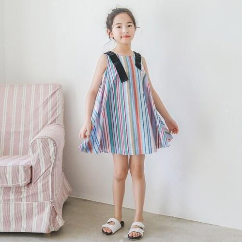 2021 Summer Kids Girls Rainbow A-line Ruffle Dress Stripes Round Collar Sleeveless One-Piece Sundress