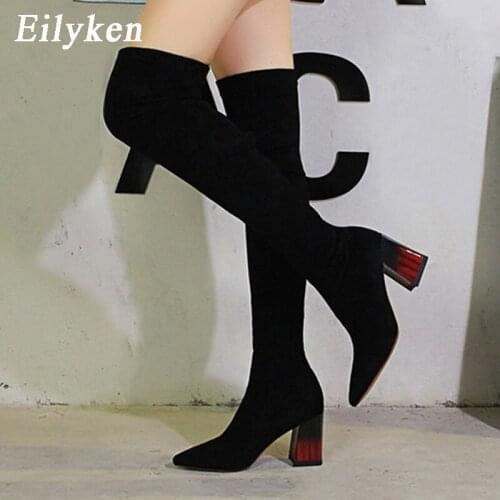 Eilyken 2021 Women Warm Over The Knee Boots Slip on Autumn Winter Shoes Thick Heels Elastic Suede Thigh High Boots Size 34-40