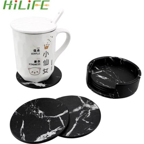 HILIFE 6PCS PU Leather Creative Anti-Slip Heat Insulated Table Placemats Marble Coaster Drink Coffee Cup Mat Tea Pad Placemats