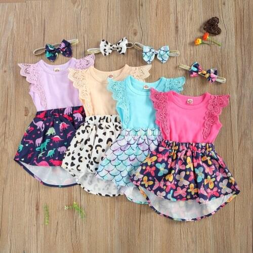 Baby Girls Two-piece Clothes Set, Printed Pattern Sleeveless Round Collar Dress + Headdress, Pink/ Rosy