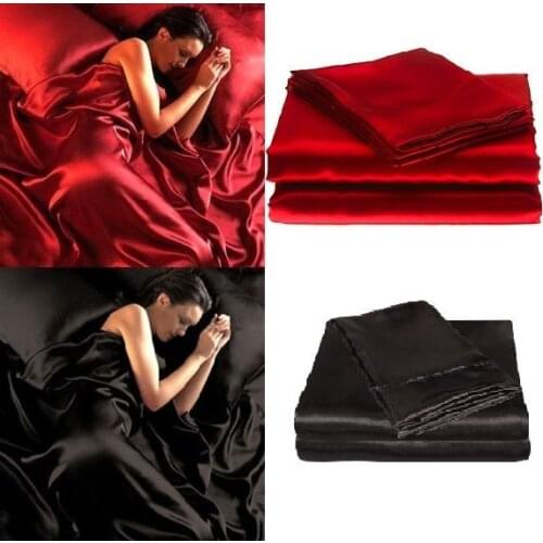 95gsm 4 Pce Luxury Satin Silk Soft QUEEN Bed Fitted Bed Sheet Set - RED BLACK