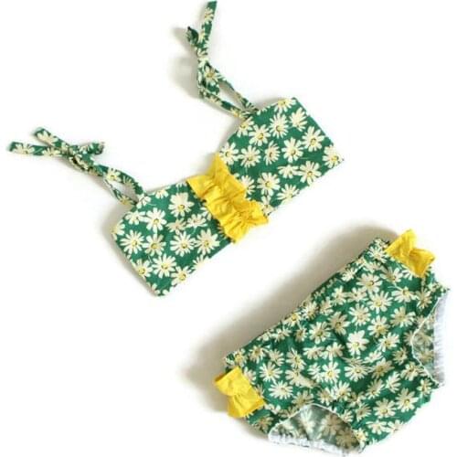 2021 Summer Baby Swimsuits Baby Girl Sleeveless Green Daisy Print Lace-Up Bikini Top + Swimming Trunks Pool Holiday Outfit