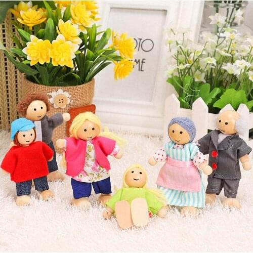 6 People Happy Family Dolls Set Wooden Jointed Dolls Cute Family Dressed Characters Kids Pretend Toys Playing Dolls