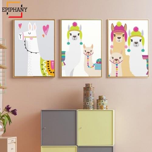 Lama Wall Art Print Boys Girls Nursery Funky Cactus Botanical Canvas Painting Kids Playroom Childs Bedroom Posters and Pictures