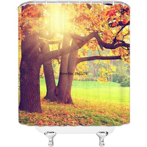 New Eco-friendly Fall Leaves Landscape Polyester High Quality Washable Bath Decor Scenery River Shower Curtains With Hooks