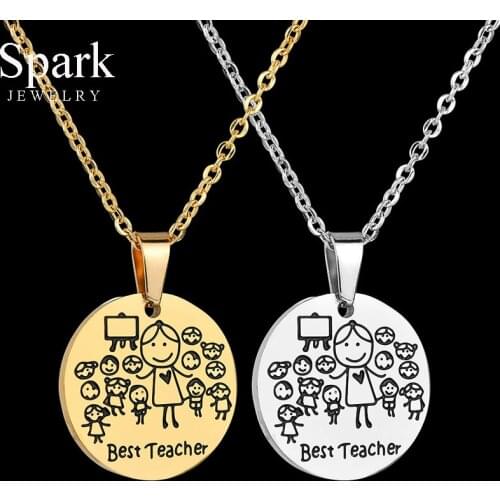 Spark Best Teacher Kids Pendant Necklace Stainless Steel Cartoon Students Chain Necklaces Teachers Day Gift Collar femenino