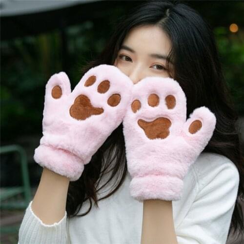 Women Student Winter Fuzzy Plush Full Finger Gloves Cute Cartoon Cat Paw Solid Color Outdoor Windproof Snow Ski Mittens