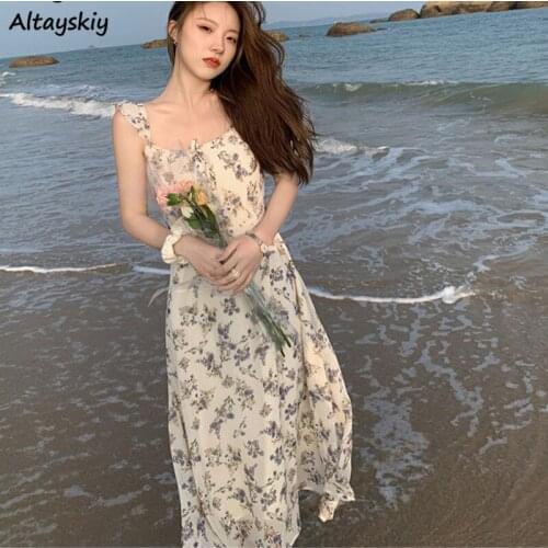 Sleeveless Dress Women Summer Holiday Floral Girls Sweet Fashion Comfortable Mid-calf Elegant New All-match Leisure Korean Style