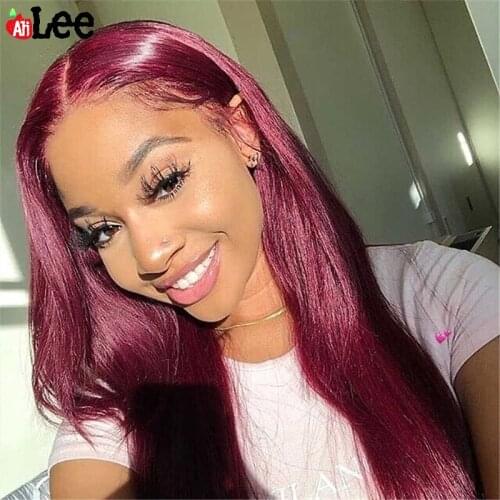 Straight 13x6 Lace Frontal Wig Malaysian Pre Plucked Transparent Lace Front Human Hair Glueless Wigs Burgundy Color 180% Density