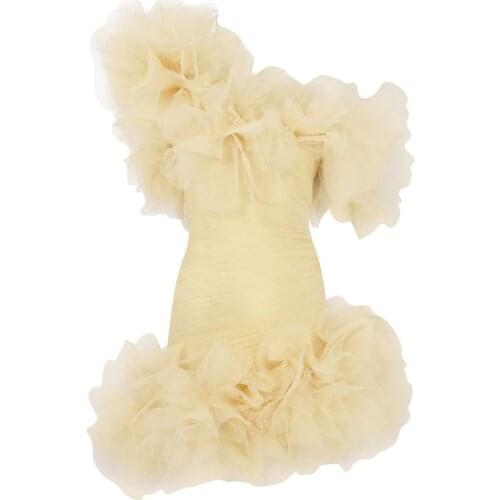 Sexy Yellow Tulle Sheath Mini Women Dresses To Cocktail Party One Shoulder Ruffles Tiered Tutu Short Prom Gowns Vestidos